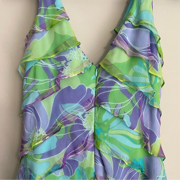 Tadashi Shoji Y2K Floral Tiered Ruffle Silk Watercolor Sleeveless Dress - Picture 8 of 11